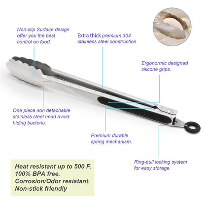 304 Stainless Steel Kitchen Cooking Tongs, 9" and 12" Set of 2 Sturdy Grilling Barbeque Brushed Locking Food Tongs with Ergonomic Grip, Black