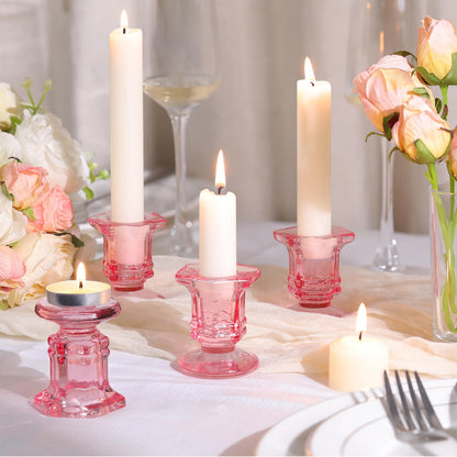 Lanttu 12 Pcs Pink Candlestick Holders Bulk, Glass Candle Holders Set, Crystal Taper Candle Holder for Wedding, Table Centerpiece, Home Decoration