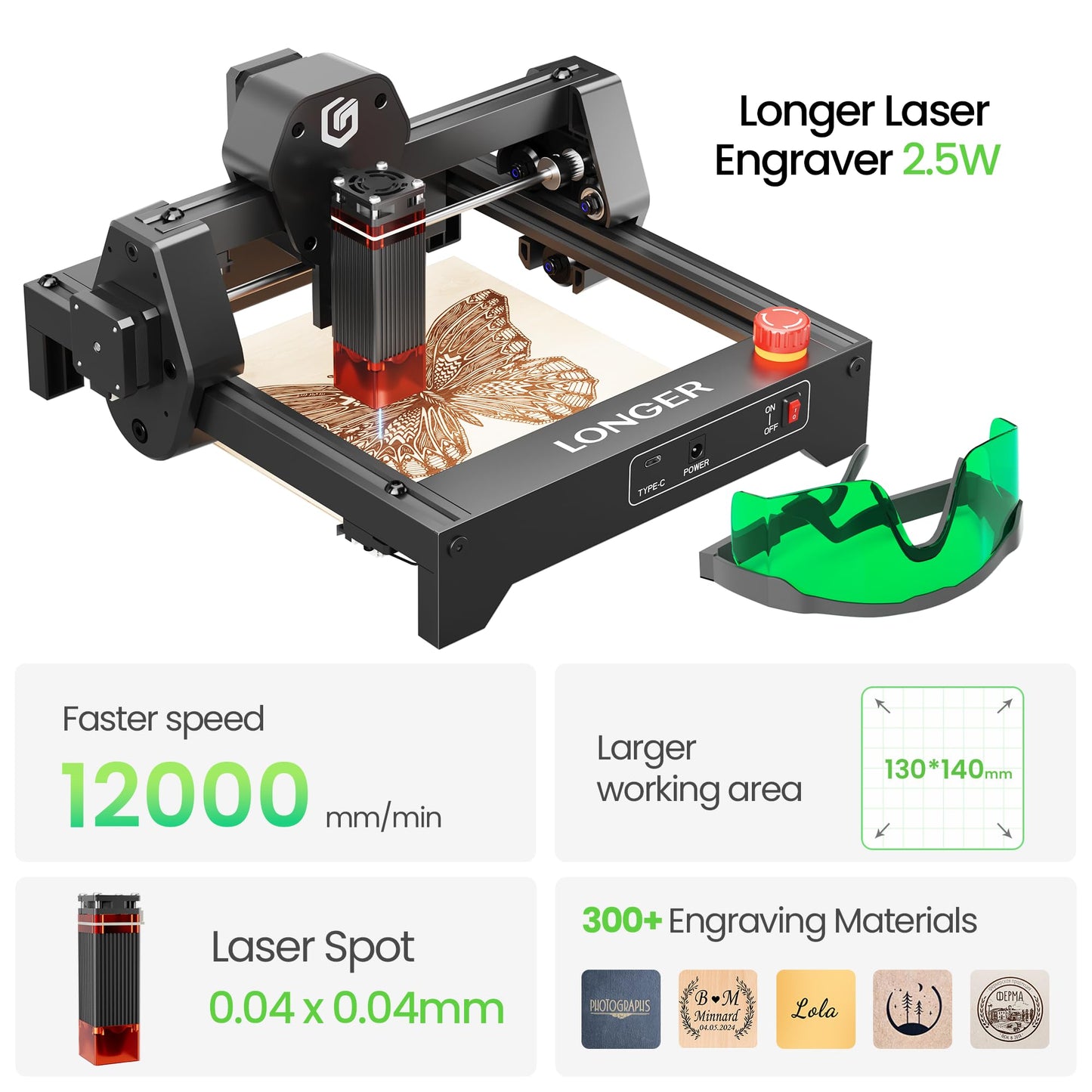 LONGER RAY5 Laser Engraver 2500mW High Precision 0.04 * 0.04mm Laser Cutter and Engraving Machine 130x130mm Working Area Mini Portable Laser Engraver for Wood Metal Acrylic Glass