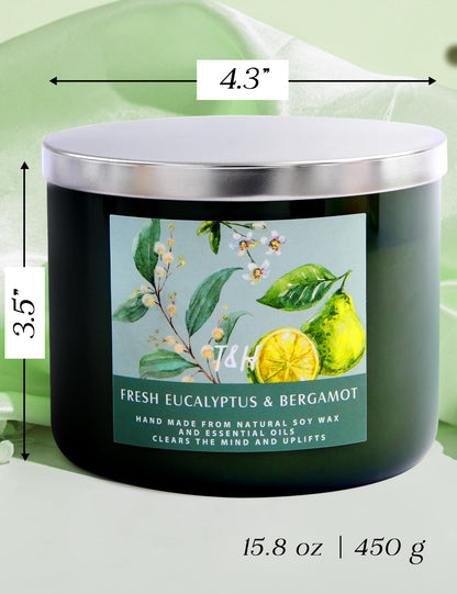 Eucalyptus Bergamot 3 Wick Candle for Home Scented | 15.8 oz Large Soy Candle | Spa Aromatherapy Candles for Home Stress Relief Relaxation | Clean Burn | Gift for Women & Men Housewarming