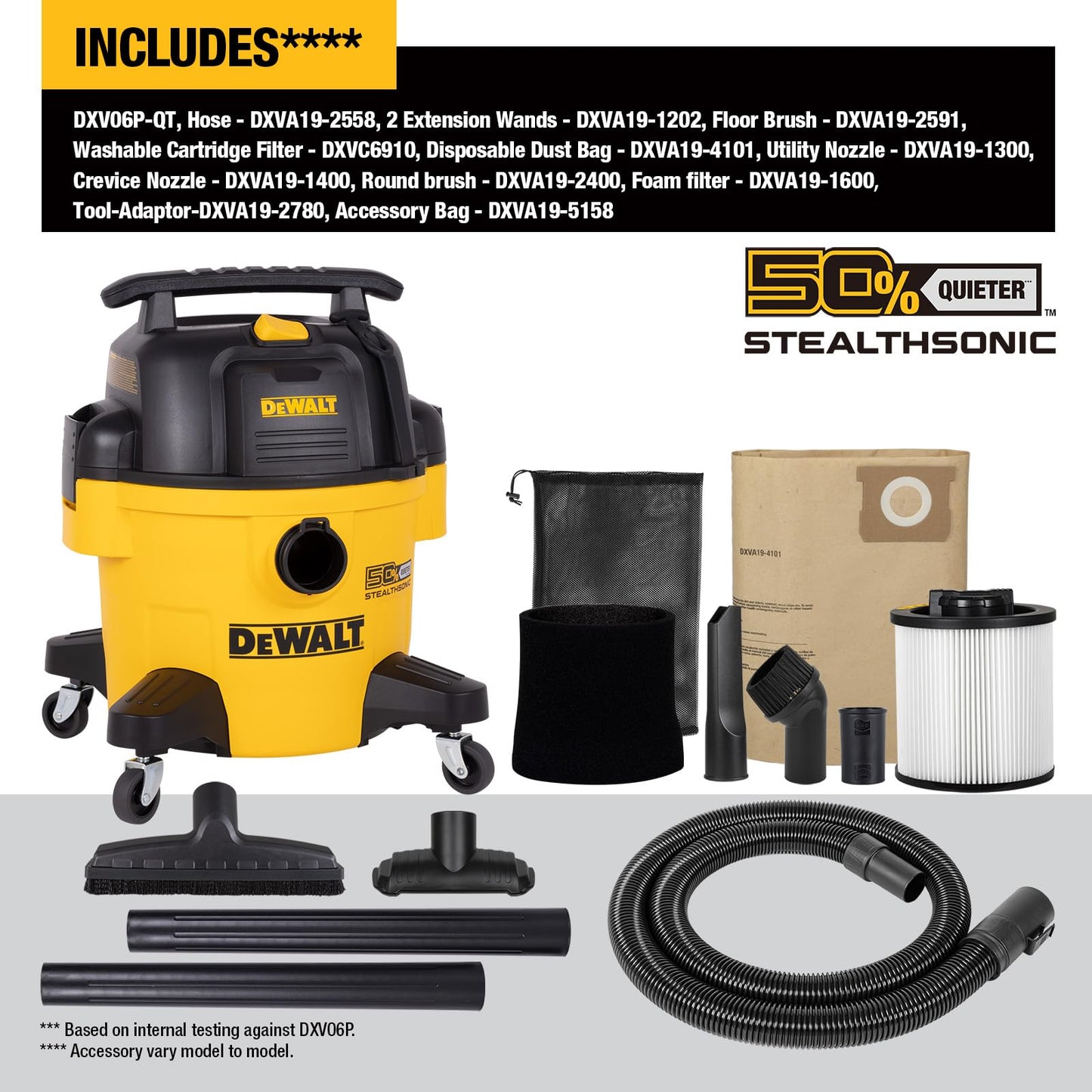 DEWALT STEALTHSONIC Wet Dry Shop Vac 6 Gallon, Shop Vacuum Wet and Dry 5 HP, Ultra Quiet Shopvac with Powerful Suction, Wet Dry Vacuum Cleaner for Home, Garage, Workshop, Jobsite, DXV06P-QT