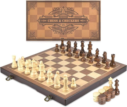 AMEROUS Magnetic Wooden Chess and Checkers Game Set 15 Inches (2 in 1) Chess Board Games 2 Extra Queens - Gift Package - Game Pieces Storage Slots Beginner Chess Set for Kids Adults