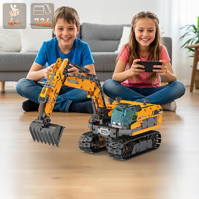 5in1 STEM Robot Building Kits for Kids 6-14 Remote &amp APP Controlled STEM Excavator/Bulldozer/Crane/Robot Building Toys 736 Pcs Educational Building Sets for Kids Erector Sets Gifts for Boys Gir