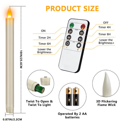 wemarry 10" Flameless Taper Candles with Remote, Electric Led Candlesticks, Plastic Tall Taper Candles Battery Operated with Flickering Flame for Halloween Christmas Wedding Home Décor(Ivory, 12 Pack)