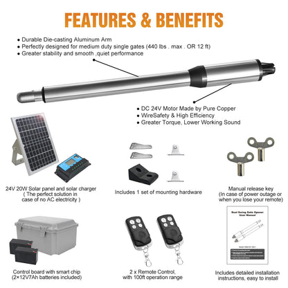 JUJIANG C01 Solar Gate Opener with Batteries & Solar Panel for Dual Swing Gates Up to 440lb 12FT per Arm Automatic Gate Opener with Remote Complete Kit Light Duty Automatic Gate Openers Solar Powered
