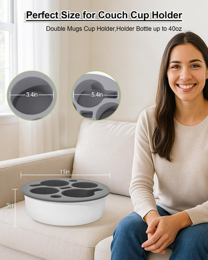 Couch Cup Holder Tray Round, Bonfixe 4-Cups Bedside Drink Holder for Elderly/Pregnancy, Stable Non-Spill Silicone Couch Caddy for Remote Control, Glasses‌, Snacks, Phones‌ (Black)