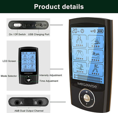 MegaWise 48 Modes（24 * 2） Dual Channel EMS TENS Unit Muscle Stimulator with 14Pcs Reusable Electrode Pads. Rechargeable Continuous Mode Electronic Pulse Massager with Storage Pouch/Pads Holder