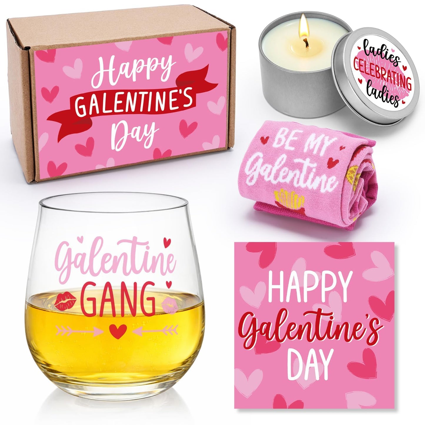 Galentines Day Gifts for Women Galentine Wine Glass Socks Rose Scented Candles Greeting Card Ladies Celebrating Ladies BFF Present Birthday Idea Valentines Day Gifts for Her Friends Girls Sister