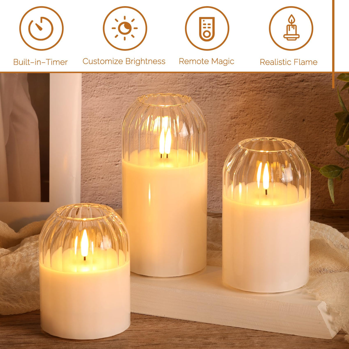 Girimax Clear Glass Flameless Candles with Remote, Flickering LED Pillar Candles Battery Powered Ribbed Dome Top Set of 3