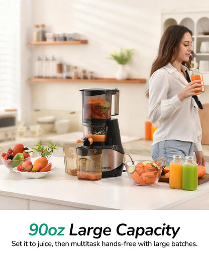 Canoly C09 Cold Press Juicer, 6" Extra Wide Feed Chute, 3-IN-1 Strainers (Juice & Sorbet & Nut Milk), Powerful AC Brushless Motor, Self Precut System, Juicer Machines with BPA-Free (Classic)