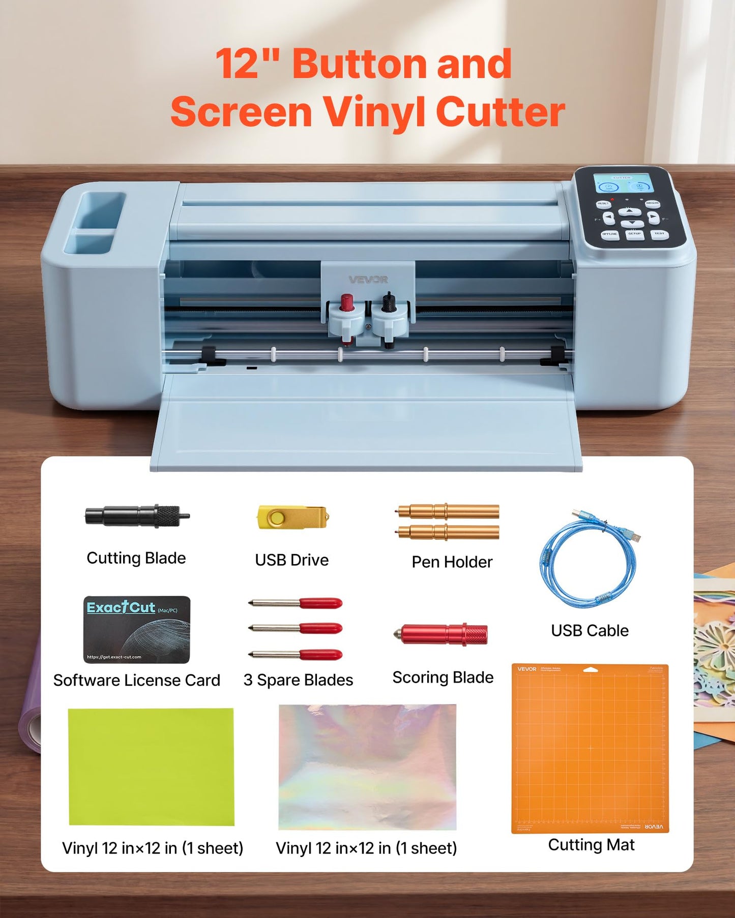 VEVOR Vinyl Cutting Machine, 12 in, Button and Screen Controlled Vinyl Cutter, 20000+ Built-in Design Resources, Compatible with Mac, Windows, Android and iOS, for Creating Customized Crafts Cards