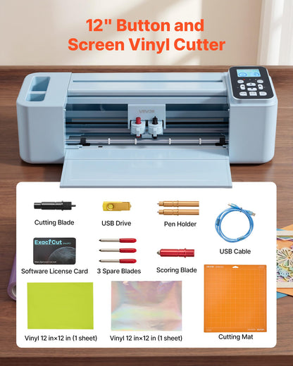 VEVOR Vinyl Cutting Machine, 12 in, Button and Screen Controlled Vinyl Cutter, 20000+ Built-in Design Resources, Compatible with Mac, Windows, Android and iOS, for Creating Customized Crafts Cards