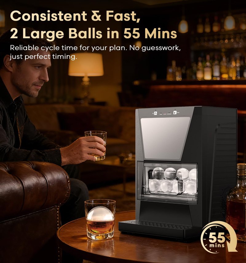 DOQAUS Clear Ice Cube Maker, 2.2-Inch Ice Ball Maker Machine with Water Recycling & Self-Cleaning, Automatic Sphere Ice Maker for Premium Whiskey & Home Bar Cocktails