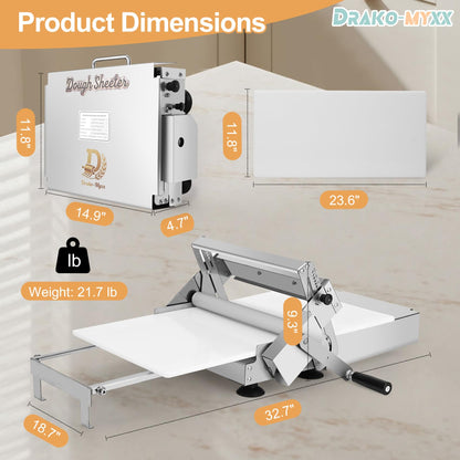 12" Folding Dough Sheeter, Includes 23.6" x 11.8" Sheeter Board, Dough Mat(23.6" x 15.8"), 2 Scrapers, 2 Pastry Brushs, Wool Brush, Manual Dough Roller with 55 Thickness Settings, Stainless Steel