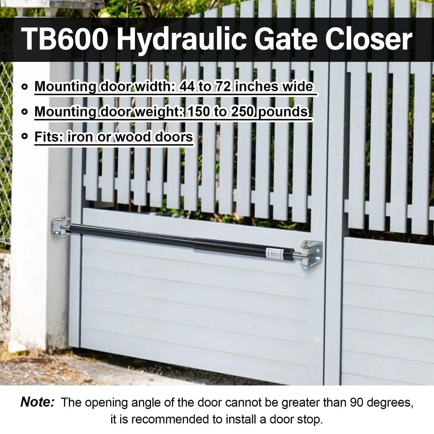 TB600 Hydraulic Outdoor Gate Closer for 150 to 250 lb, Width 44 to 72 Inches. Gates on Farms, Ranches, Gardens, Sports Complexes and Home Yards, Black, Opening Pressure 8 to 18 Pounds