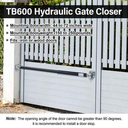 TB600 Hydraulic Outdoor Gate Closer for 150 to 250 lb, Width 44 to 72 Inches. Gates on Farms, Ranches, Gardens, Sports Complexes and Home Yards, Black, Opening Pressure 8 to 18 Pounds