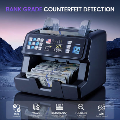 Aneken Money Counter with Value Counting, Top-Loading Bill Counter for USD/EUR/CAD, 3.5" TFT Display, Batch & Add Functions, 1,500 Notes/Min