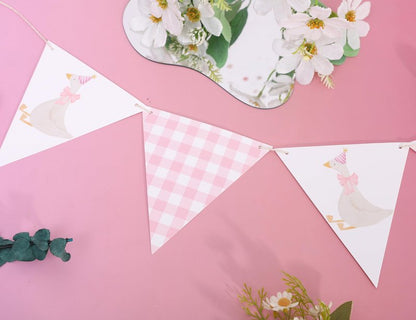 One Silly Goose Birthday Banner - Silly Goose Party Decorations,Baby Shower Gingham Banner,Fabric Bunting First/1st Birthday (pink)