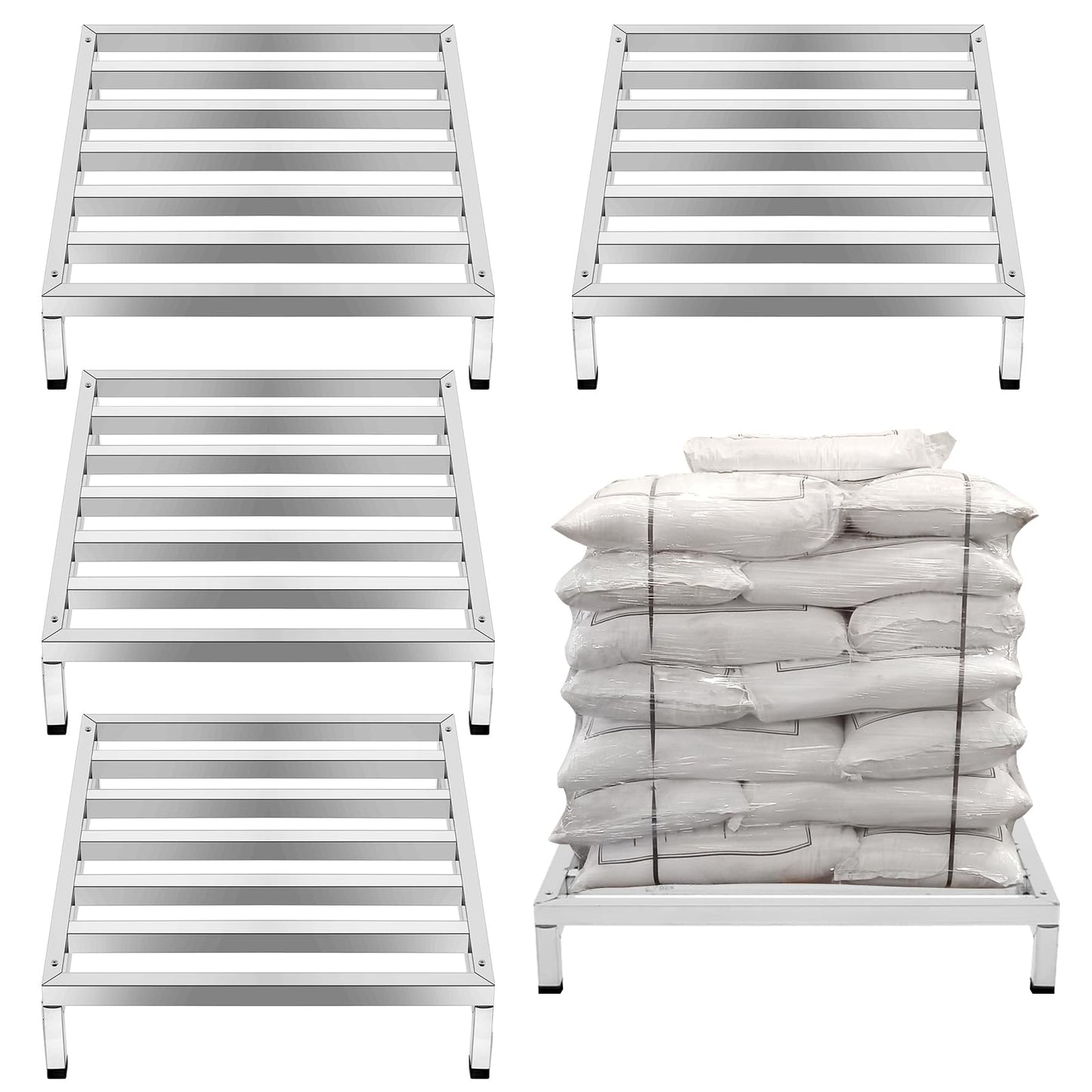 MorningRo 4 Pack Dunnage Rack 23.6" Long x 23.6" Wide, 3.9" Height Stainless Steel Shelf 3000+ Pound Capacity Commercial Food Floor Rack for Restaurants Kitchens Garages and Vehicles(Detacheable)