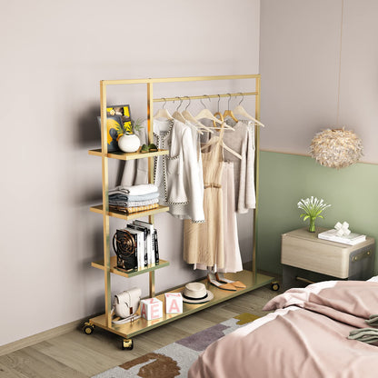 Smlttel Gold Clothing Racks with Shelf, Boutiques Retail Display Gold Clothes Rack, Multiple Uses Heavy Duty Garment Rack for Hanging Rods for Home and Retail