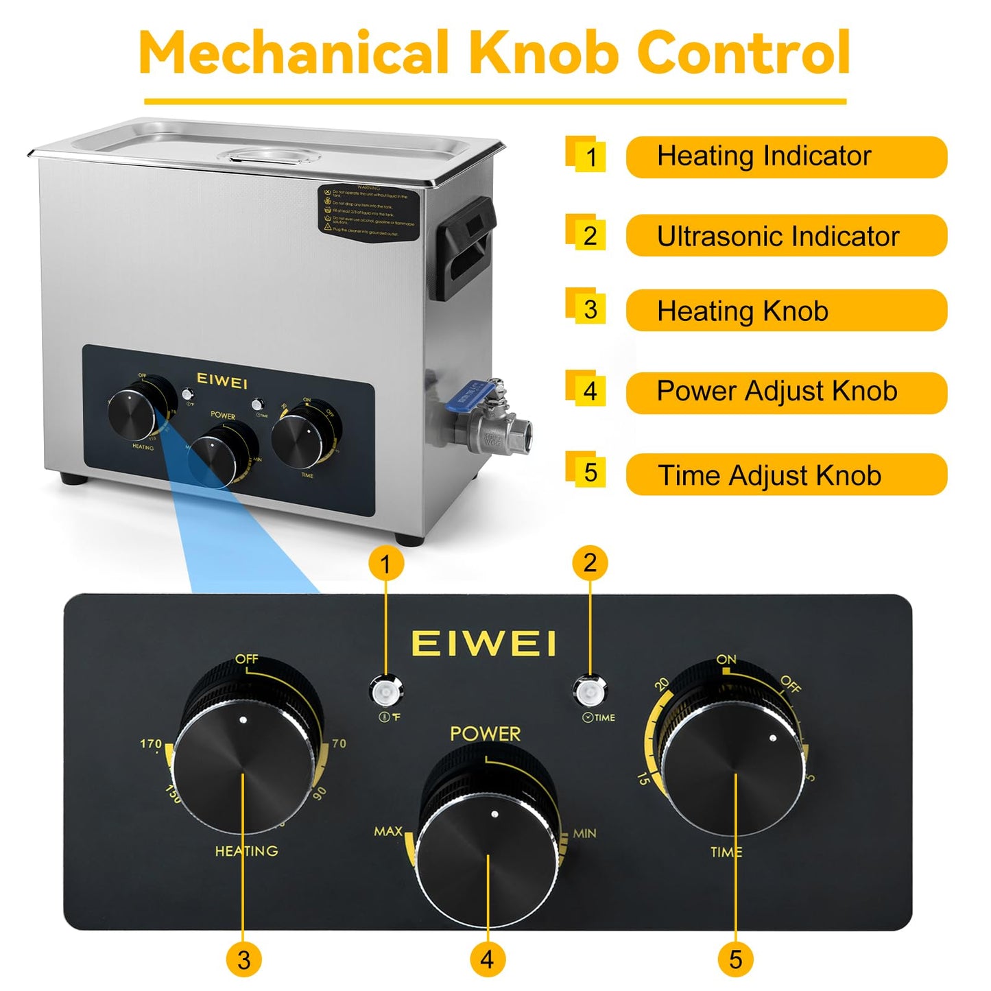 EIWEI 6L Ultrasonic Cleaner Professional Power-Adjustable Knob Jewelry Cleaning Machine with Heater Timer for Carburetor, Jewelry, Glasses, Dentures, Circuit Boards, Automotive Parts