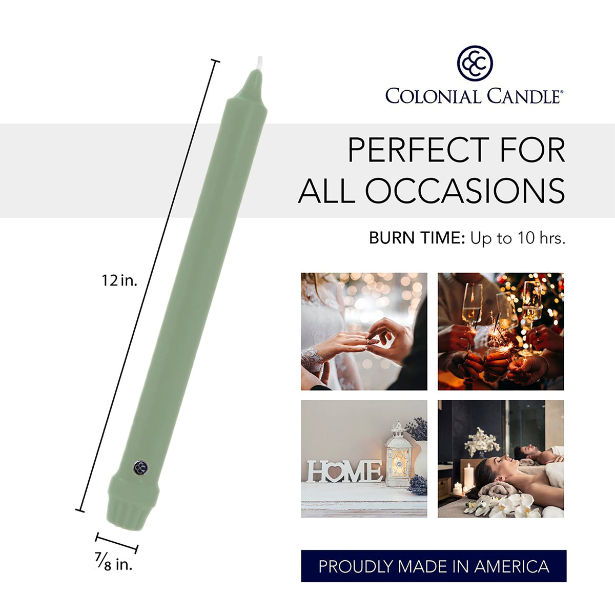 Colonial Candle Unscented Taper Candle, Classic Collection, Colonial Classic Green, 12 In, Pack of 12 - Up to 10 Hours Burn