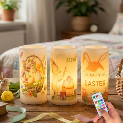 Aulaygo 3PCS Easter Flameless Candles with Remote Control,Happy Easter Bunny Flower Rabbit Spring LED Candle Battery Operated for Easter Theme Party Home Decor,Mother's Day Decor