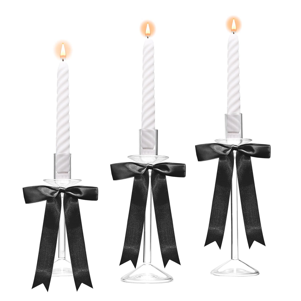 CHILL RECIPE Bow Candle Holder Glass Taper Candlestick Holders with Built-in Candle Drip Protectors Bows Decor for Table Centerpiece Wedding Party Halloween(Black)