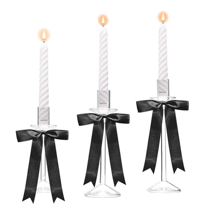 CHILL RECIPE Bow Candle Holder Glass Taper Candlestick Holders with Built-in Candle Drip Protectors Bows Decor for Table Centerpiece Wedding Party Halloween(Black)