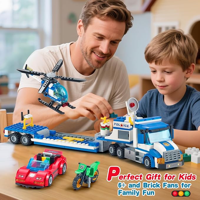 City Police Car Truck Building Sets for Boys Semi Truck and Trailer Building Blocks Vehicles Kits with Helicopter MotorcycleRace Car for Kids Ages 6 7 8 Years Old and Up