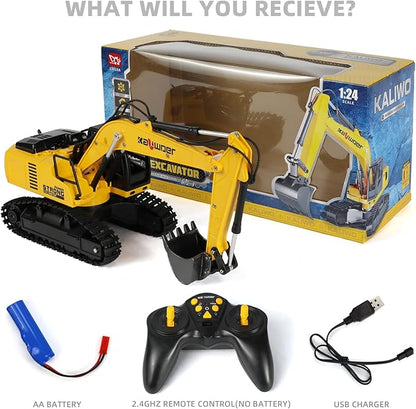 Remote Control Excavator for Boys Metal Bucket Construction Vehicle - Includes 2 Rechargeable Batteries for 40+ Mins Play 1/24 Scale Realistic Sound &amp Lights STEM Gift for Kids 3-12
