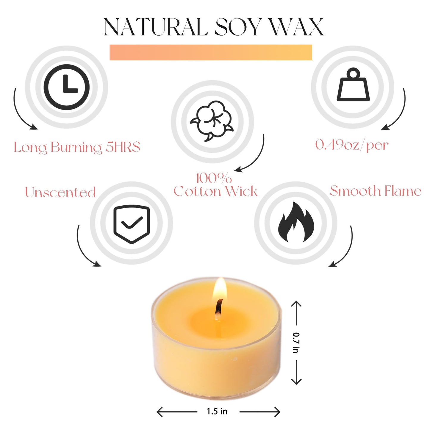 MUUFAZA 12 Unscented Natural Soy Tealight Candles in Clear Cups, 5H Long Clean Burning, Hand-Poured Yellow Mini Tea Candle Set for Parties, Spa, Meditation, Gift, Holiday, Emergency, Home Decor