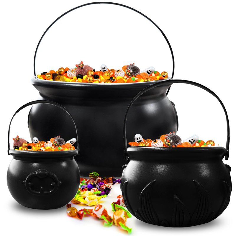 Eerrhhaq 3 in 1 (12.6",9.8",7.6") Halloween Large Black Witch Cauldron Kettle,Plastic Candy Bucket Holder Cauldron Pot Bowl,Party Favor Decoration for St. Patrick's Day and Halloween