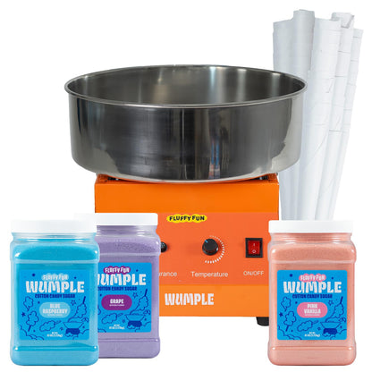 Wumple Cotton Candy Machine Kit Bundle with Flavored Sugars & Cones - Commercial Electric Cotton Candy Machine with Supplies, Stainless Steel Bowl for Parties - Orange