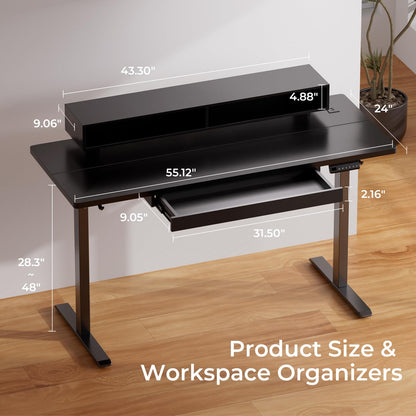 GTPLAYER Electric Standing Desk with Drawers, 55 x 24 Inch Height Adjustable Gaming Desk with Monitor Stand, Power Outlets & LED Lights, Home Office Sit Stand Up Desk with Memory Preset Controller