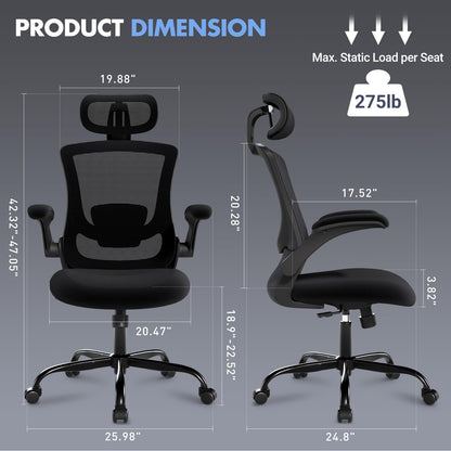 Ergonomic Office Chair with Adjustable Lumbar Support & Headrest – High Back Mesh Desk Chair with Flip-Up Armrests, Swivel Rolling Computer Chair for Home Office, Breathable & BIFMA Certified, Black