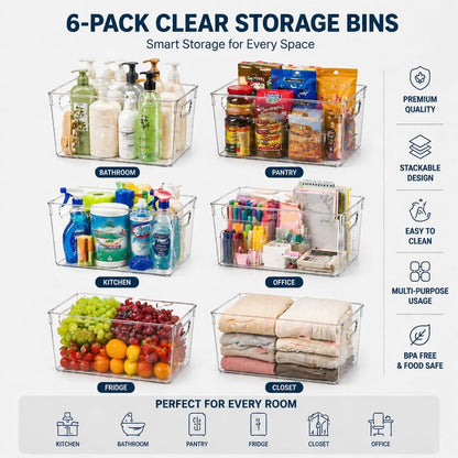 MOONEDGE Open Clear Plastic Storage Bins Stackable Organizer Containers with Handles for Kitchen, Pantry, Fridge, Cabinet, Closet Storage & Home Organization 6 Pack（11 x 8 x 6 in）
