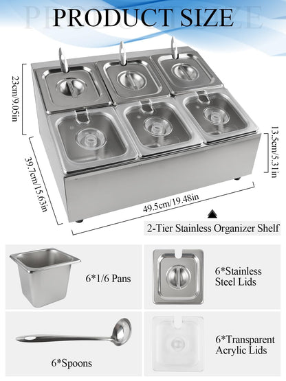 Lanstics 6 Pans Spice Rack Shelf 2 Row Stainless Steel Spice Organizer Stand with Lids Spoons Countertop Inclined Holder Buffet Containers Set for Sauce Jam Fruits Ingredient Kitchen Restaurant Pantry