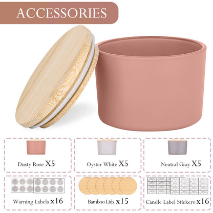 CONNOO 15 Pack 4oz Spring Glass Candle Jars with Airtight Bamboo Lids for Making Candles, Bulk Small Wide Mouth Empty Candle Containers with Sticky Warning Labels - Dishwasher Safe