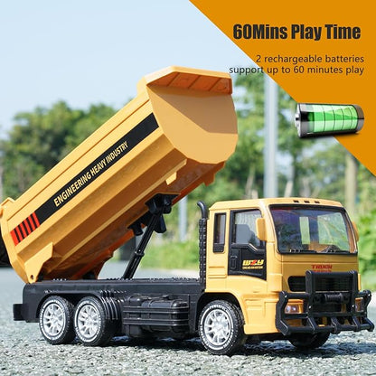 Remote Control Dump Truck for Kids 2.4GHz RC Construction Vehicle with LED Lights 45° Dumping Function 2 Rechargeable Batteries Toy Truck for Boys Girls 3 4 5 6 7 8 Years Old