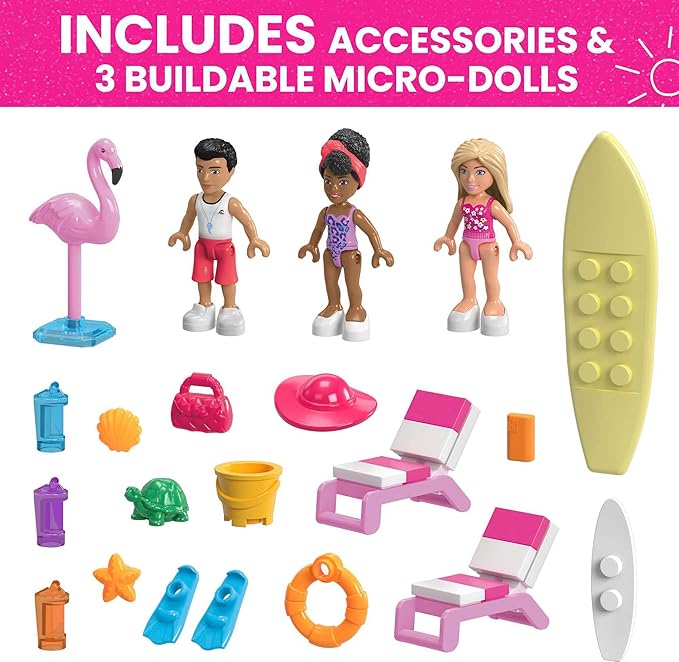 MEGA Barbie Kids Building Toy Set Malibu Dream Boat with 317 Pieces 2 Micro-Dolls and Accessories Pink Ages 6+ Years