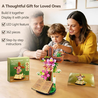 Jesus Cross SetFlower Building Block Set for Adults Faith Inspired Crucifix Brick Model with Floral Design Religious Home Desk Decor Christian Gift for Easter Prayer Room