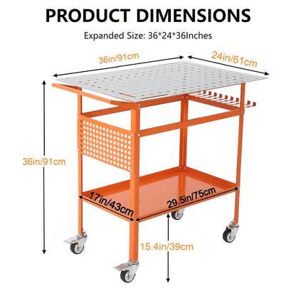 Welding Table, 36" x 24" Welding Workbench with 800LBS Steel Frame, Portable Welding Bench with 2 Brake Wheels & 4 Adjustable Feet, Side Hanging Board, 178 5/8" Fixture Holes for Garage Workshop