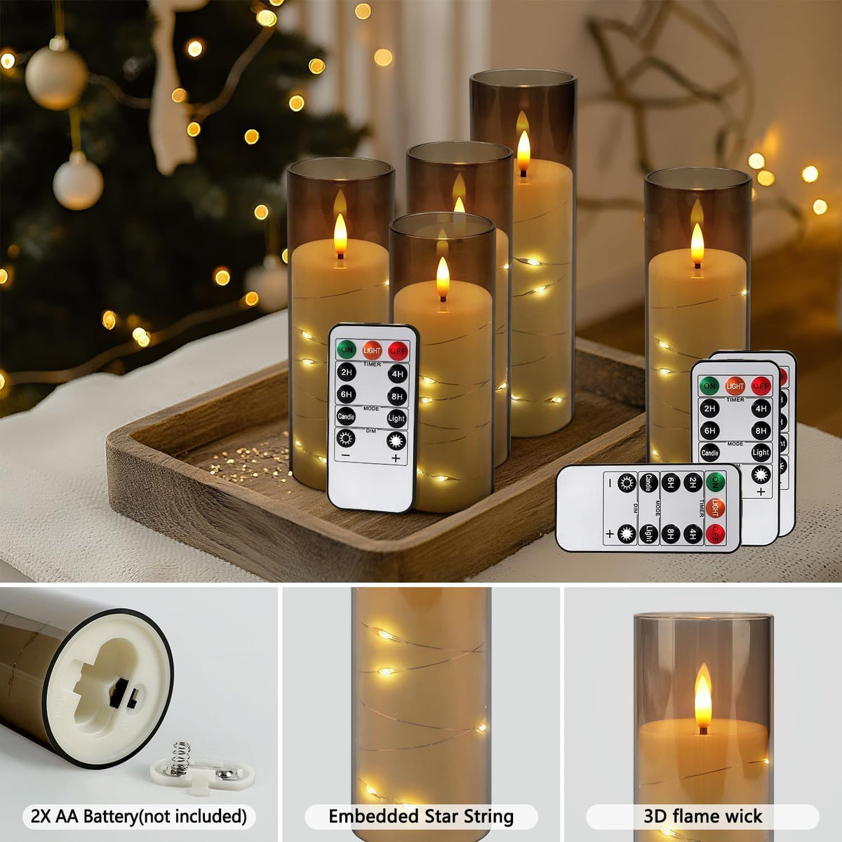 24-Pack Gray Flameless Candles with Remote Control, Battery-Powered LED Candles with Embedded Star String Lights & Realistic Flickering Flame. with Timer for Christmas, Home, Wedding, Fireplace Mantle