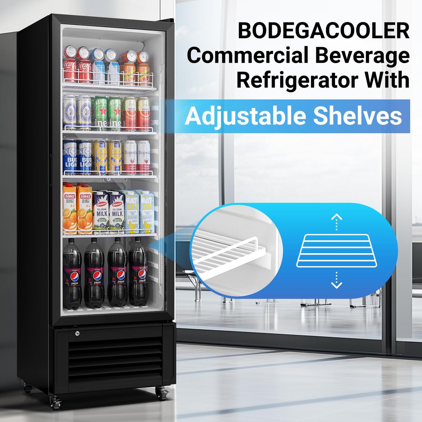 BODEGACOOLER Commercial Beverage Refrigerator, 290L Display Fridge with Soft LED Light, 264 Cans & 120 Bottles Commercial Merchandiser Refrigerator For Kitchen, Home,Office,Garage,Gym,Shop,Man cave