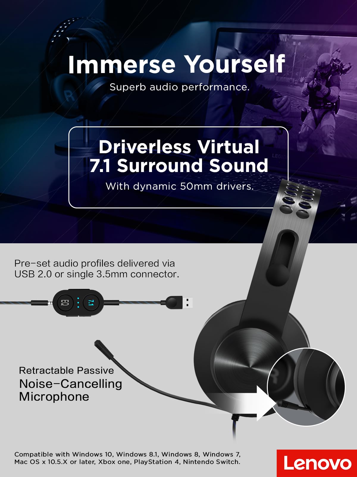 Lenovo Legion H500 PRO 7.1 Surround Sound Gaming Headset, Noise-Cancelling Mic, Memory Foam & PU Leather Earcups, Stainless Steel Headband, PC, PS4, Xbox One, Nintendo Switch, GXD0T69864, Black