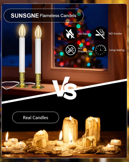 SUNSGNE Christmas Electric Window Candle Lights with Auto Sensor, Dusk to Dawn Candle Lamps with Gold Plated Base, 9'' Plug in Candle Lights with 0.6W LED E12 Bulbs for Window Table Decor, 4 Pack