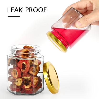 Keketin Hexagonal Glass Jam Jars with Gold Lids 6 oz,30 Pack Glass Canning Jars Food Storage Preserving Jars for Honey,Fruits Salad,Baby Foods,Spices,desserts
