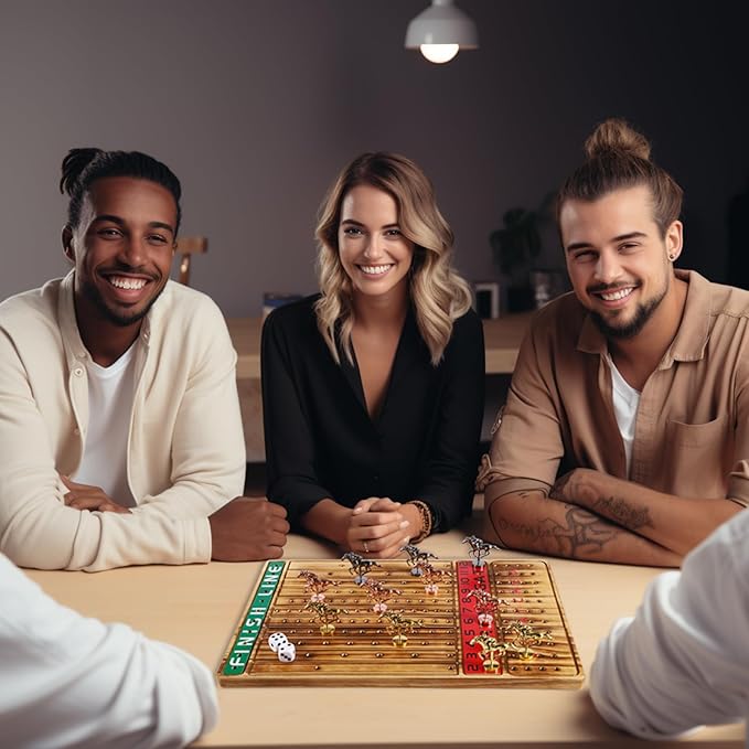 Horse Racing Board Game Thickened Solid Wood Finish Line Horse Race Game with 11 Metal Horses with 2 Sets of Dice2 Boxes of Cards and 100 Poker Chips for Parties and Gambling
