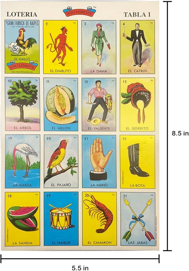 Loteria Mexicana Tradicional Mini Don Clemente 20 Jugadores 160 Fichas - Mexican Bingo Medium Board Game Set 160 Counting Plastic Chips for 20 Players with Deck of 54 Cards and 20 Boards